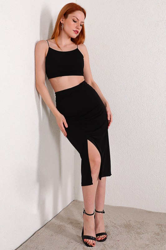 TKM-03287 Siyah Yırtmaçlı Lastikli Kalem Etek Crop İkili Takım