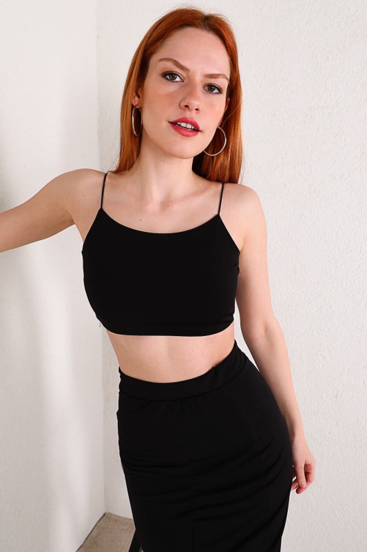 TKM-03287 Siyah Yırtmaçlı Lastikli Kalem Etek Crop İkili Takım