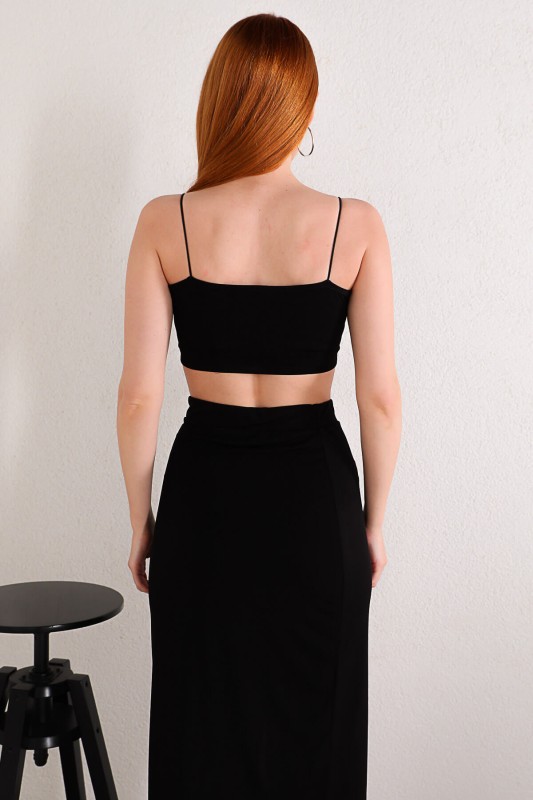 TKM-03287 Siyah Yırtmaçlı Lastikli Kalem Etek Crop İkili Takım