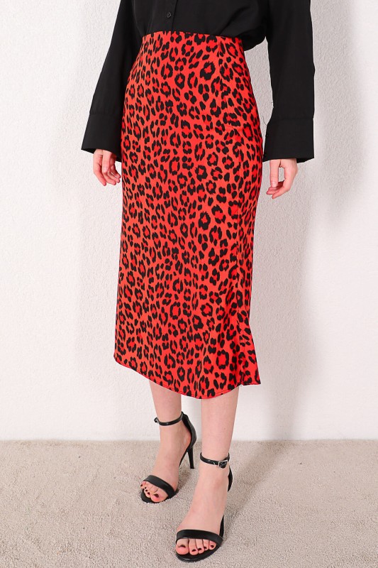 ETK-02288 Kırmızı Leopar Desenli Salaş Saten Etek