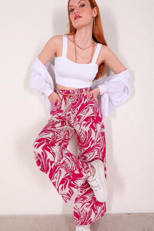 PNT-07294 Pembe Keten Dalga Desen Kemerli Salaş Pantolon