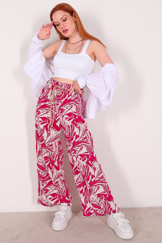 PNT-07294 Pembe Keten Dalga Desen Kemerli Salaş Pantolon