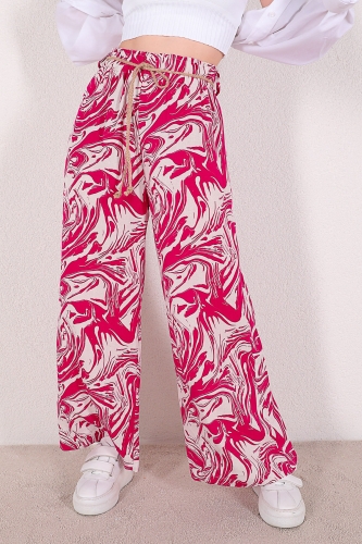 PNT-07294 Pembe Keten Dalga Desen Kemerli Salaş Pantolon - Thumbnail