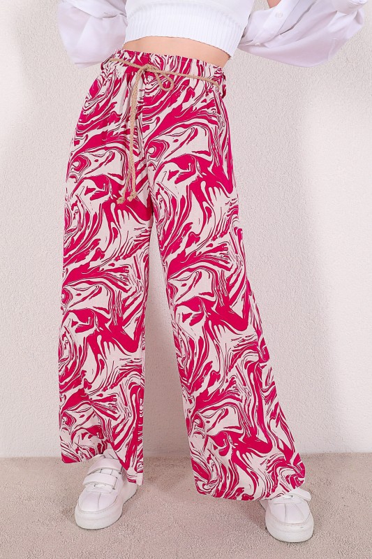 PNT-07294 Pembe Keten Dalga Desen Kemerli Salaş Pantolon
