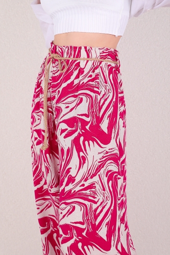 PNT-07294 Pembe Keten Dalga Desen Kemerli Salaş Pantolon - Thumbnail