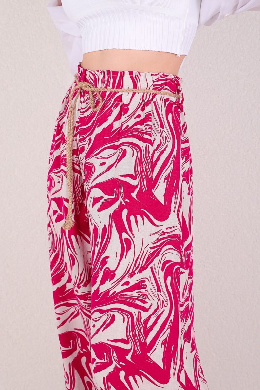 PNT-07294 Pembe Keten Dalga Desen Kemerli Salaş Pantolon