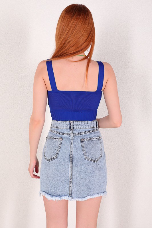 ETK-02293 Açık Mavi Yırtmaç Detaylı Mini Kot Etek
