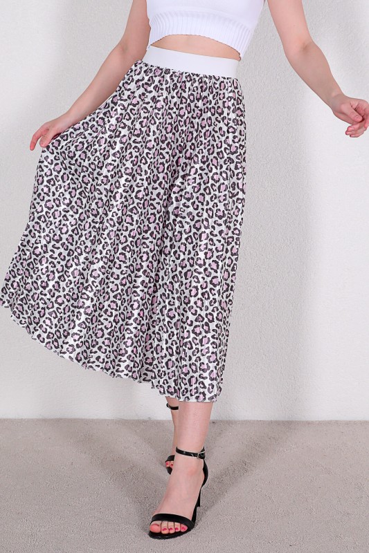 ETK-02295 Pudra Leopar Desenli Pileli Saten Etek