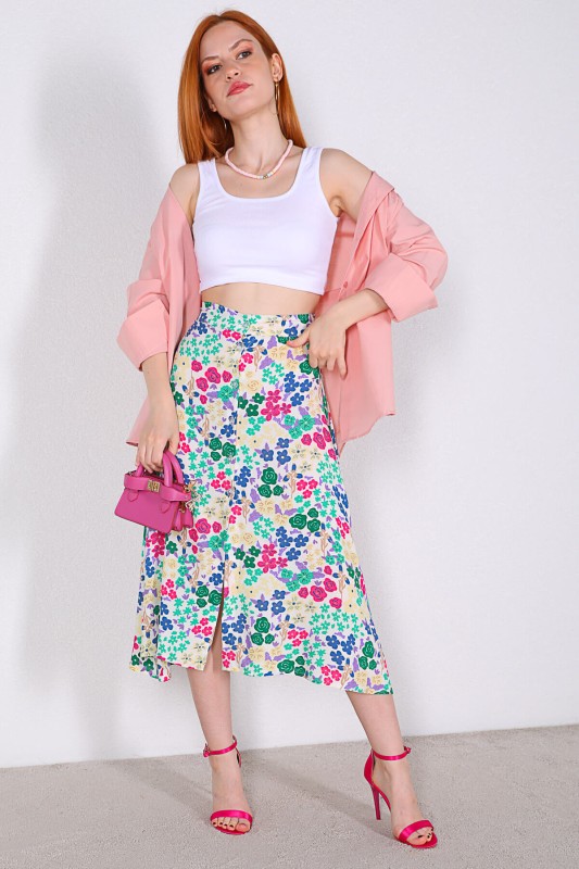 ETK-02297 Soft Pembe Yeşil Çiçek Desenli Düğmeli Midi Boy Etek