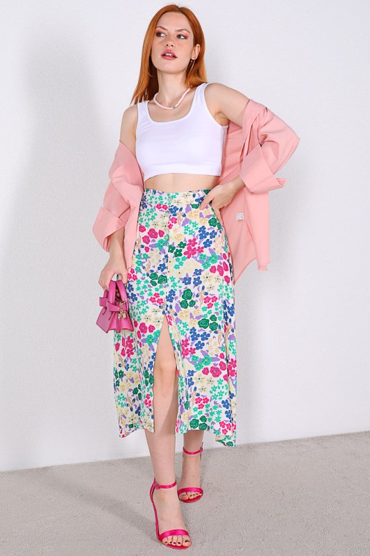 ETK-02297 Soft Pembe Yeşil Çiçek Desenli Düğmeli Midi Boy Etek