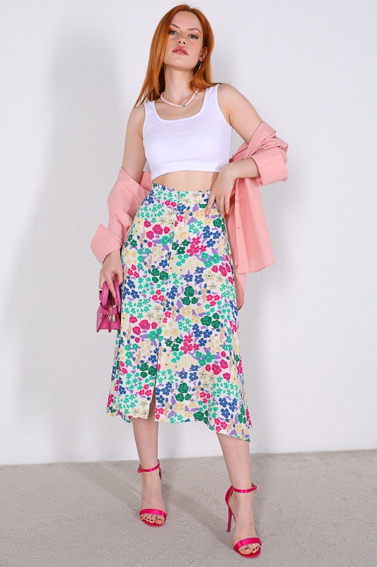 ETK-02297 Soft Pembe Yeşil Çiçek Desenli Düğmeli Midi Boy Etek