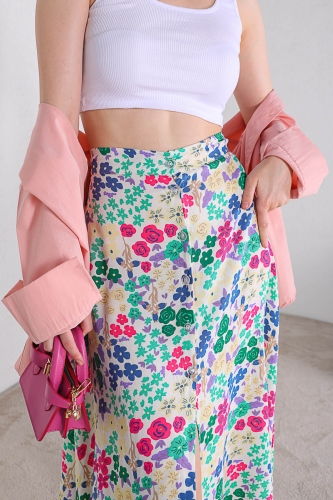 ETK-02297 Soft Pembe Yeşil Çiçek Desenli Düğmeli Midi Boy Etek - Thumbnail