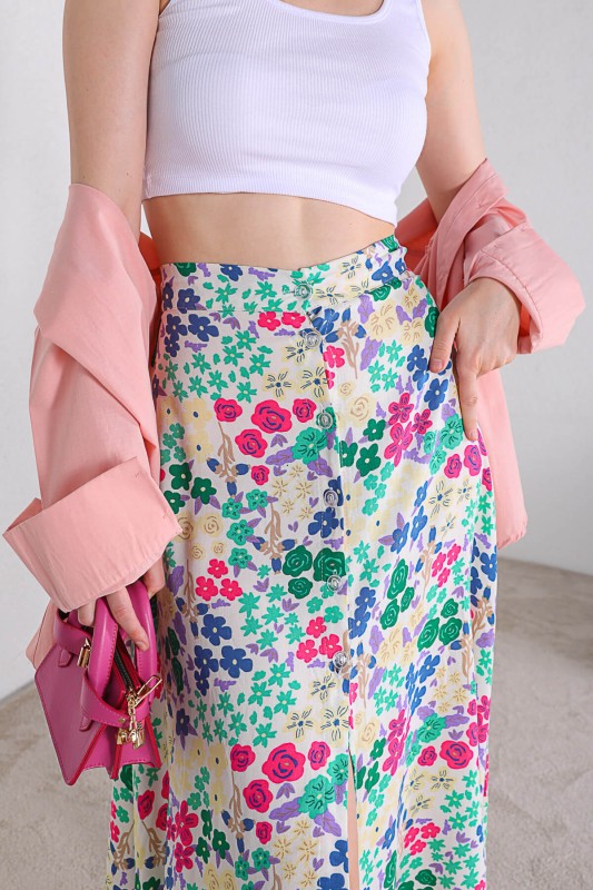 ETK-02297 Soft Pembe Yeşil Çiçek Desenli Düğmeli Midi Boy Etek