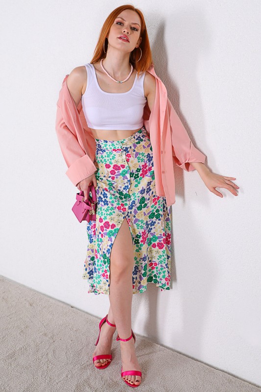 ETK-02297 Soft Pembe Yeşil Çiçek Desenli Düğmeli Midi Boy Etek