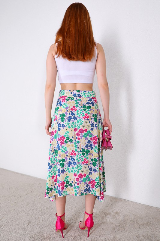 ETK-02297 Soft Pembe Yeşil Çiçek Desenli Düğmeli Midi Boy Etek