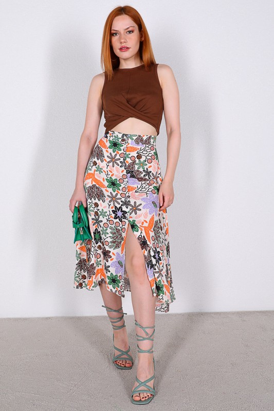 ETK-02297 Taba Lila Çiçek Desenli Düğmeli Midi Boy Etek