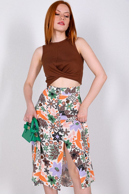 ETK-02297 Taba Lila Çiçek Desenli Düğmeli Midi Boy Etek