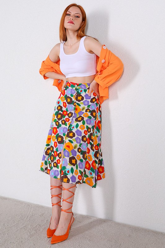 ETK-02297 Turuncu Mor Çiçek Desenli Düğmeli Midi Boy Etek