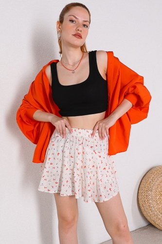 Cappmoda - ETK-02298 Beyaz Çiçek Desenli Bel Lastikli Şortlu Etek (1)
