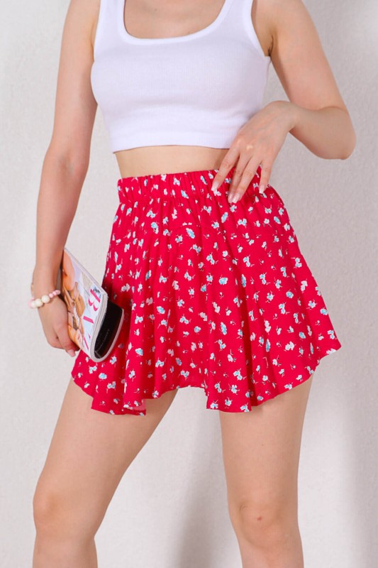 ETK-02298 Pembe Çiçek Desenli Bel Lastikli Şortlu Etek