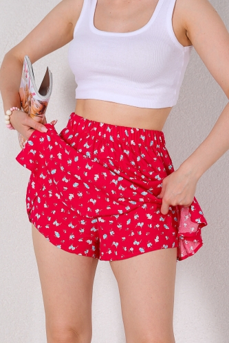 Cappmoda - ETK-02298 Pembe Çiçek Desenli Bel Lastikli Şortlu Etek (1)