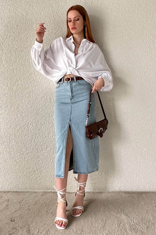 ETK-02300 Buz Mavisi Yırtmaçlı Midi Boy Kot Etek