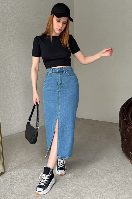 ETK-02300 Koyu Mavi Yırtmaçlı Midi Boy Kot Etek