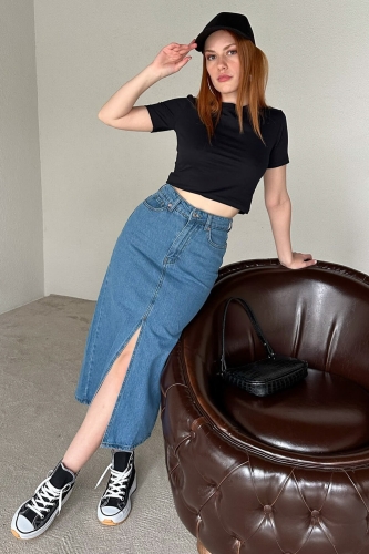 Cappmoda - ETK-02300 Koyu Mavi Yırtmaçlı Midi Boy Kot Etek (1)