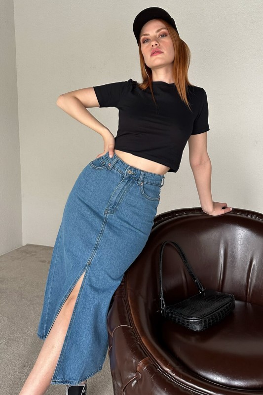ETK-02300 Koyu Mavi Yırtmaçlı Midi Boy Kot Etek