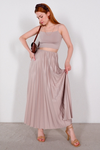 ETK-02304 Taş Rengi Pileli Bel Lastikli Etek - 5