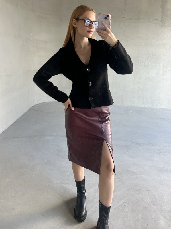 ETK-02329 Bordo Midi Boy Yırtmaç Detaylı Midi Boy Suni Deri Etek