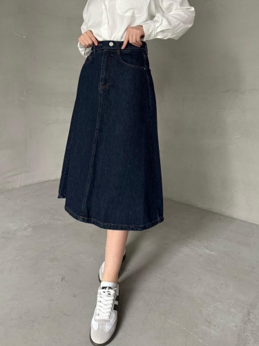 ETK-02331 Koyu Mavi Cep Detay Kemerli Midiboy Denim Etek - Thumbnail
