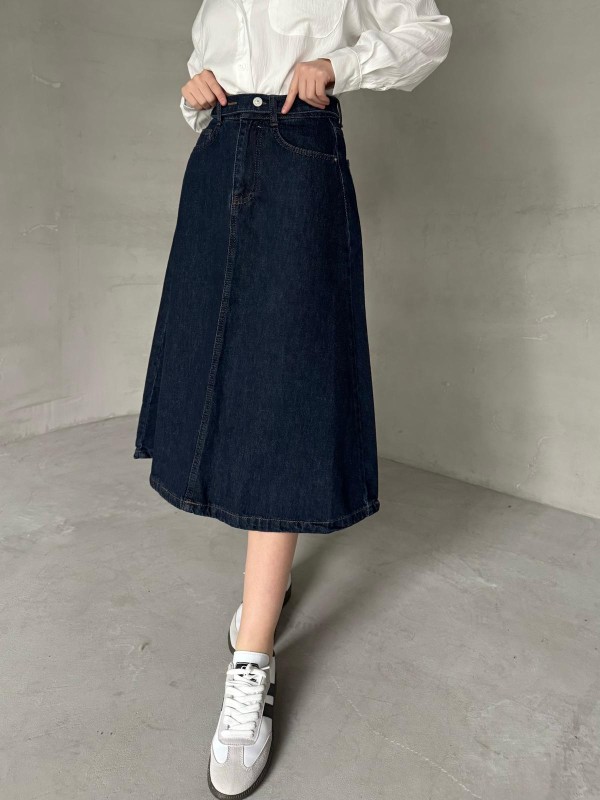 ETK-02331 Koyu Mavi Cep Detay Kemerli Midiboy Denim Etek