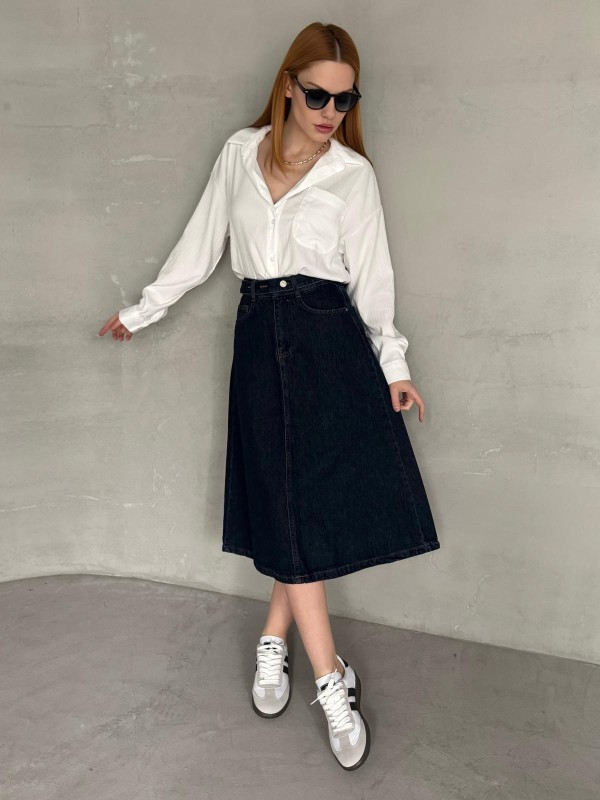 ETK-02331 Koyu Mavi Cep Detay Kemerli Midiboy Denim Etek