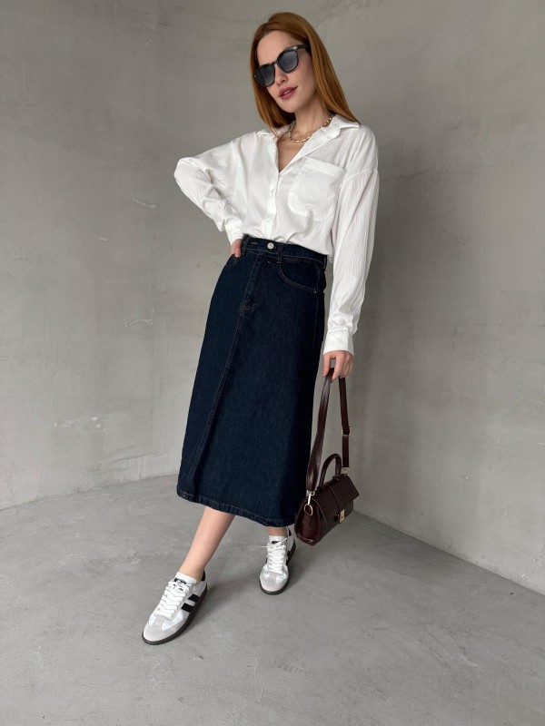 ETK-02331 Koyu Mavi Cep Detay Kemerli Midiboy Denim Etek