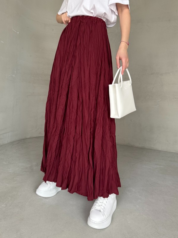 ETK-02332 Bordo Buruşuk Kumaş Uzun Bel Lastikli Salaş Etek