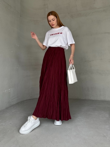Cappmoda - ETK-02332 Bordo Buruşuk Kumaş Uzun Bel Lastikli Salaş Etek (1)