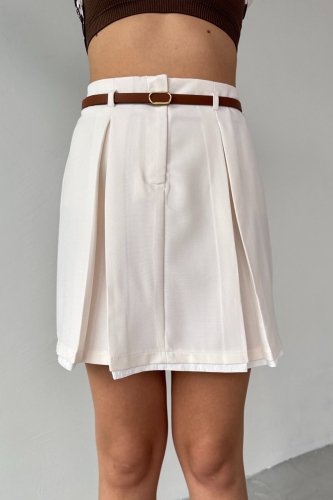 Cappmoda - ETK-02333 Ekru Çift Piliseli Dokuma Viskon Mini Etek (1)