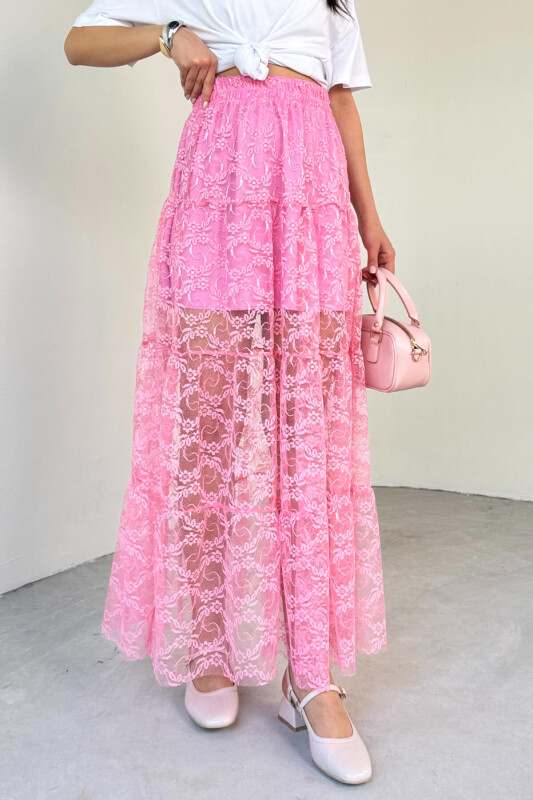 ETK-02336 Pembe Astar Detaylı Çiçek Desenli Tül Katlı Yazlık Etek - 2