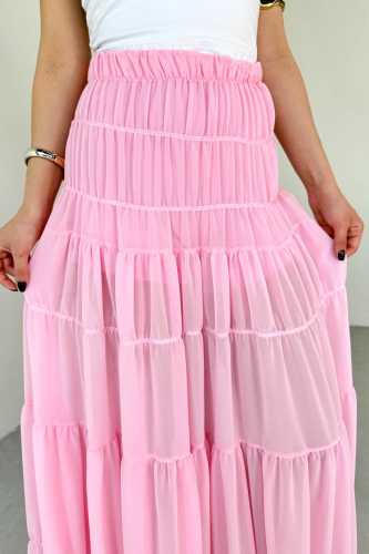 ETK-02338 Pembe Şifon Kat Kat Detaylı Astarlı Uzun Etek - 5