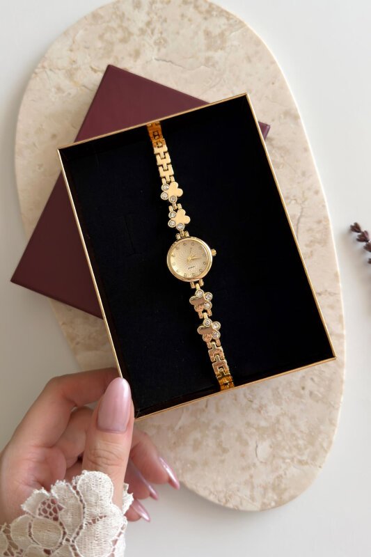 Flora Gold Kadran Çiçekli Kordon Kadın Kol Saati