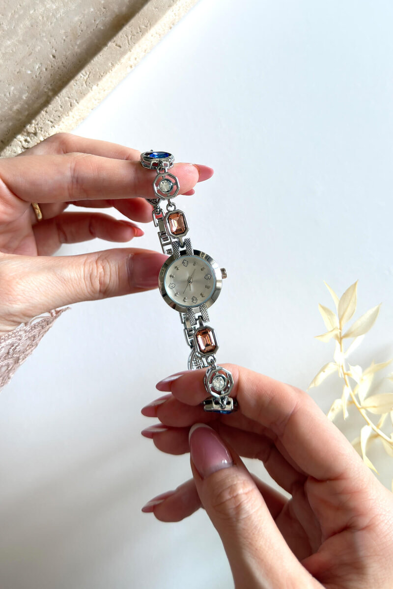Gale Ekru Kadran Silver Renkli Swaroski Taşlı Kadın Kol Saati - 1