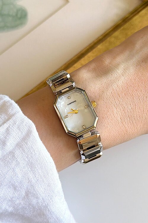 Glow Geometrik Gold-Silver Sedefli Kadran Çelik Kordon Kadın Kol Saati (1)