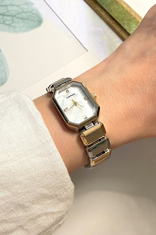 Glow Dikdörtgen Detay Gold Silver Kadran Çelik Kordon Kadın Kol Saati - 2