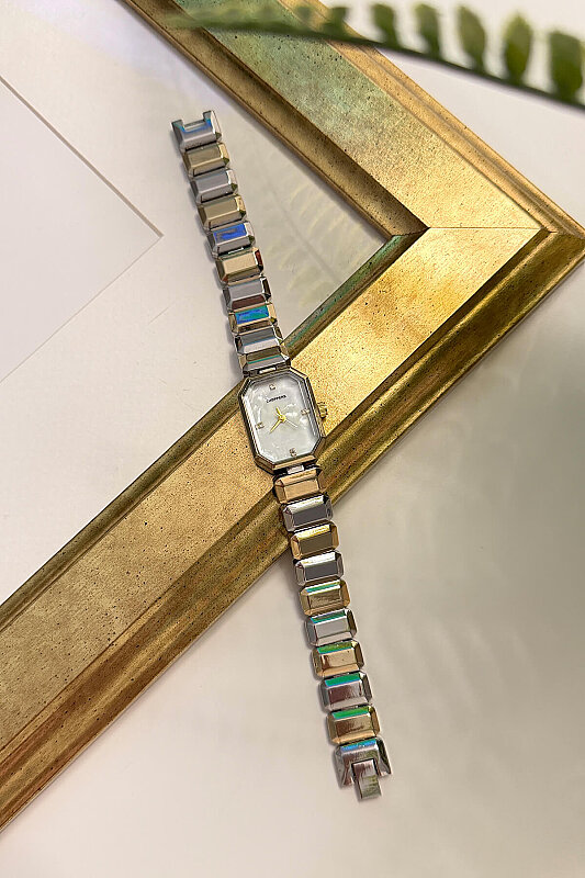 Glow Dikdörtgen Detay Gold Silver Kadran Çelik Kordon Kadın Kol Saati - 1