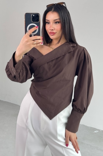Cappmoda - GML-0317 Acı Kahve Çapraz Bağlamalı Duble Kol Kruvaze Yaka Crop Gömlek (1)