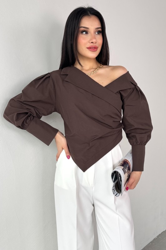 GML-0317 Acı Kahve Çapraz Bağlamalı Duble Kol Kruvaze Yaka Crop Gömlek