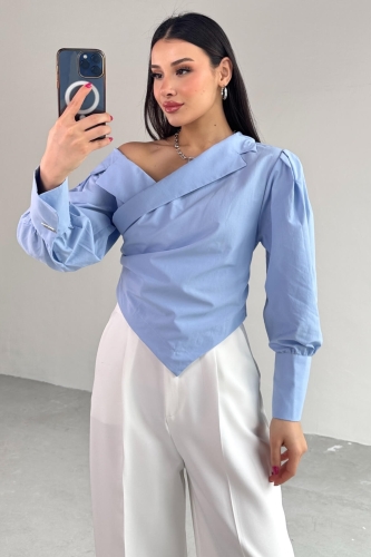Cappmoda - GML-0317 Bebe Mavi Çapraz Bağlamalı Duble Kol Kruvaze Yaka Crop Gömlek (1)