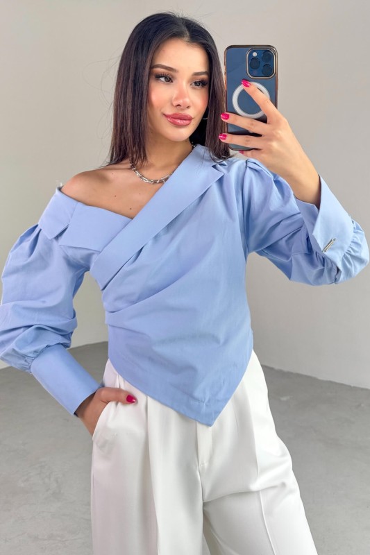 GML-0317 Bebe Mavi Çapraz Bağlamalı Duble Kol Kruvaze Yaka Crop Gömlek