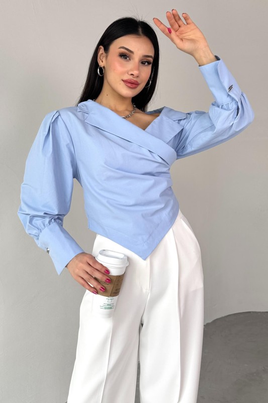 GML-0317 Bebe Mavi Çapraz Bağlamalı Duble Kol Kruvaze Yaka Crop Gömlek